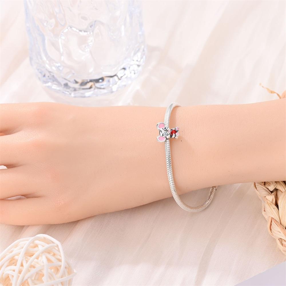 Original Copper Charms Luxury Cute Pink Mouse Beads Fit Bracelet Diy Women Making Delicate Gift Jewelry