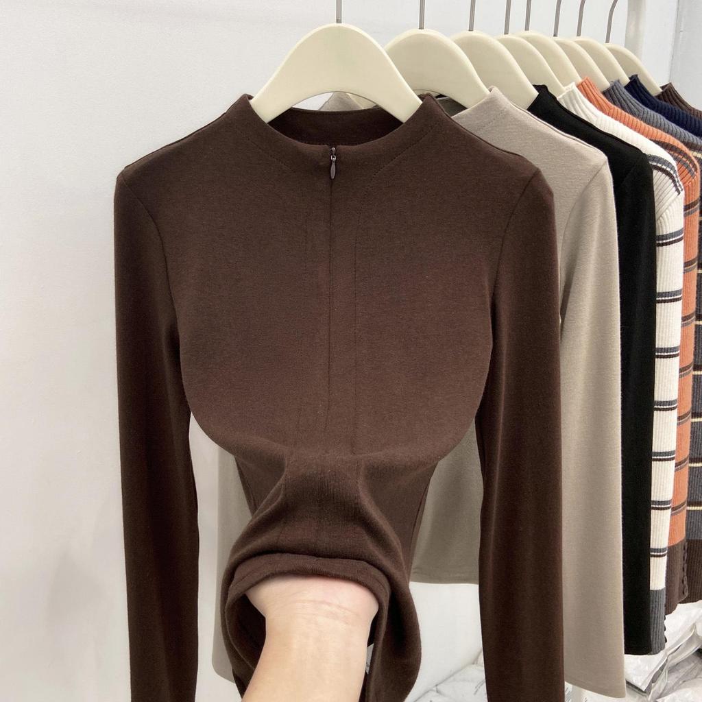 Women's Slim-Fit Yoga Sport Base Layer T-shirt with Half-Zip Collar for Autumn/Winter - Plush, Brushed Long-Sleeve Inner Top