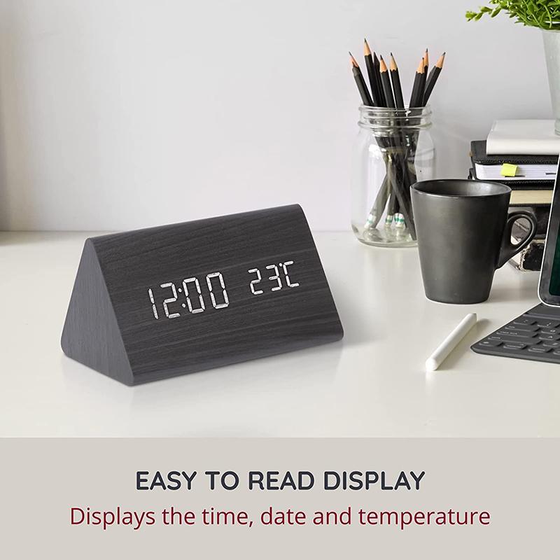 Triangle Wooden Led Smart Alarm Clock Digital Desktop Clock Voice Control Table Digital Alarm Clocks For