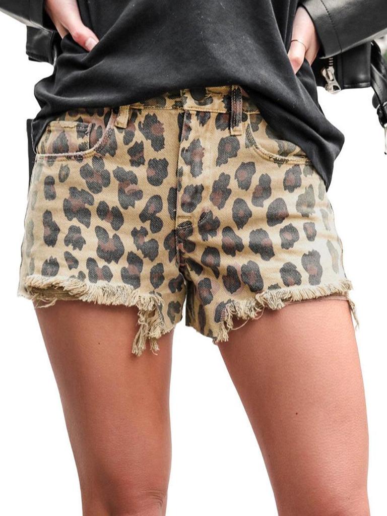 European & American Retro Leopard Print High Waist Ripped Denim Shorts for Women