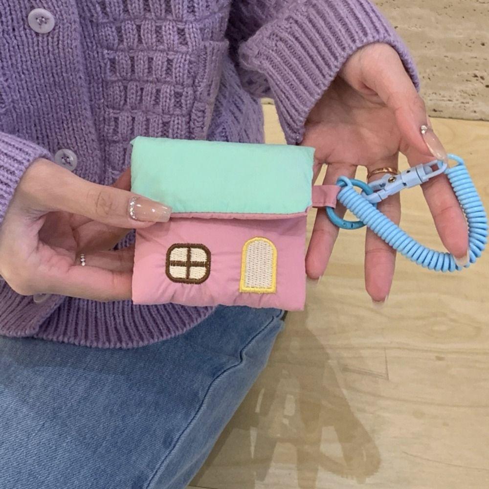 Storage Bag Cotton Filling Earphone Bag Cartoon House Coin Pouch Keychain  Small Item Storage