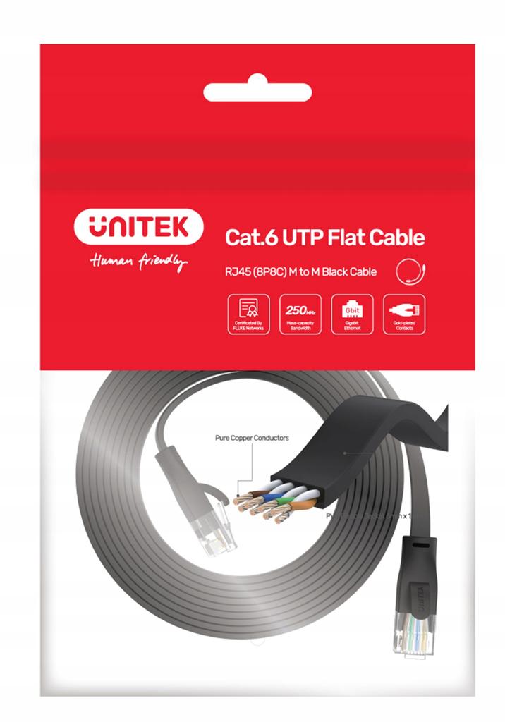 Patchcord UNITEK C1813GBK Cat.6 Płaski, UTP, RJ45, 10m