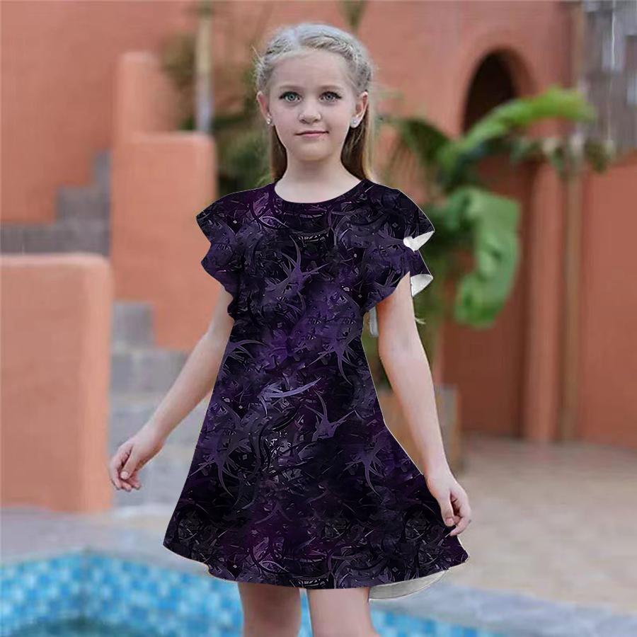 Dívčí modré šaty s potiskem javorového listu Dětské Dívčí společenské šaty Volný střih Volný střih sukně s krátkým rukávem pro dívky starší čtyř let