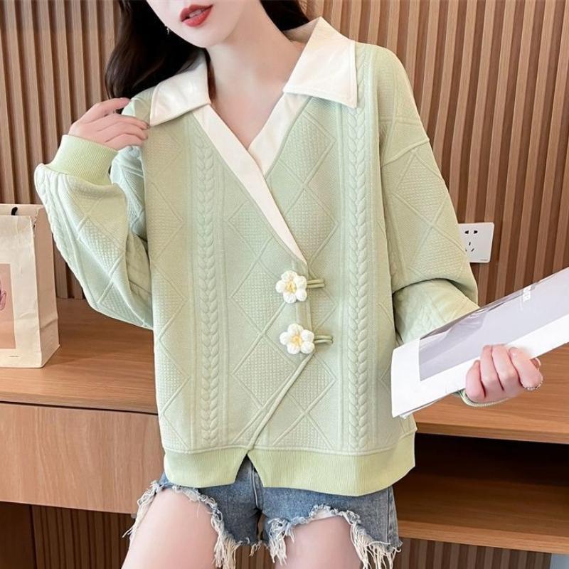 Irregular Women's Sweatshirt 3D Flower Decoration Lapel Contrasting Long Sleeved Pullover Korean Version Spring New Style Loose Woman Top