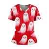 Halloween Print V Neck Short Sleeve Nurse Scrub Top with Double Pockets and Side Slit Hem for Healthcare Workers and Caregivers