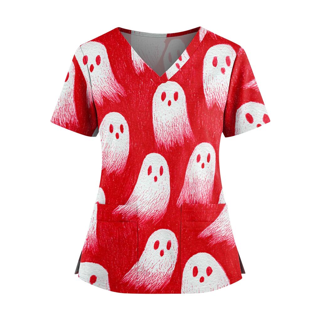 Halloween Print V Neck Short Sleeve Nurse Scrub Top with Double Pockets and Side Slit Hem for Healthcare Workers and Caregivers