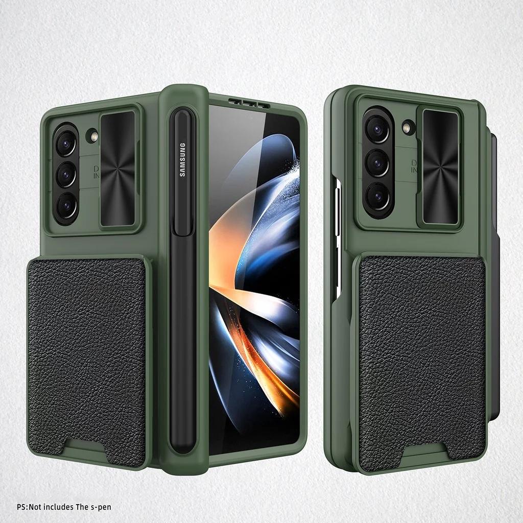 

For Samsung Galaxy Z Fold 6 Fold 5 4 Case with Hinge Protective S Pen Holder Glass Film Hard Matte PC Leather Wallet Card Cover Fold4 зелёный