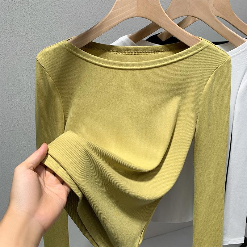 

Modal bottoming shirt women s 2025 new women s clothing temperament one-word shoulder long-sleeved T-shirt elastic waist top 3XL світло-жовтого кольору