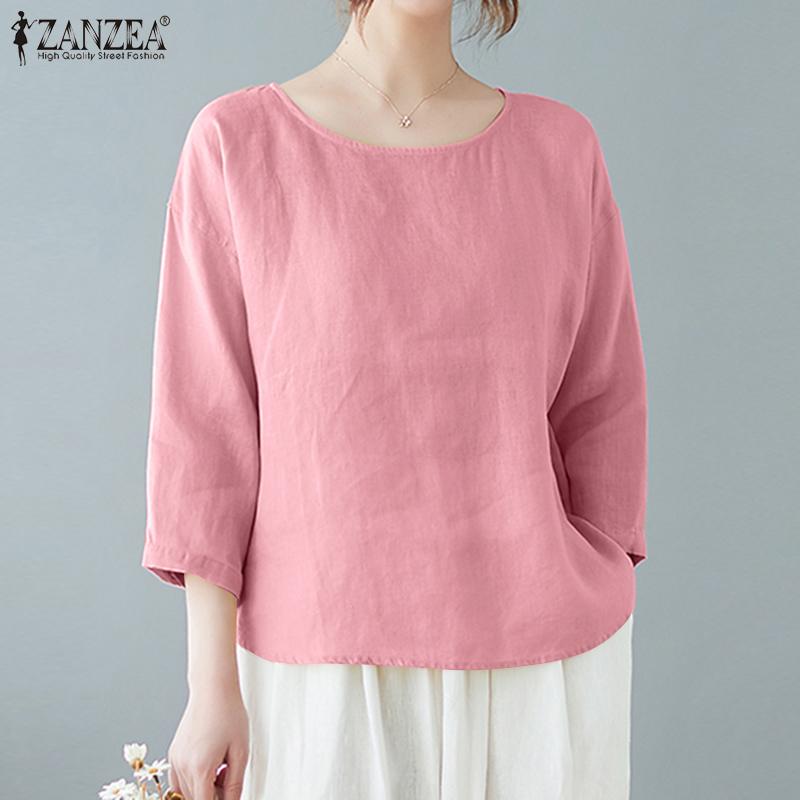 

ZANZEA Женская повседневная свободная летняя блузка с круглым вырезом и рукавами 3/4