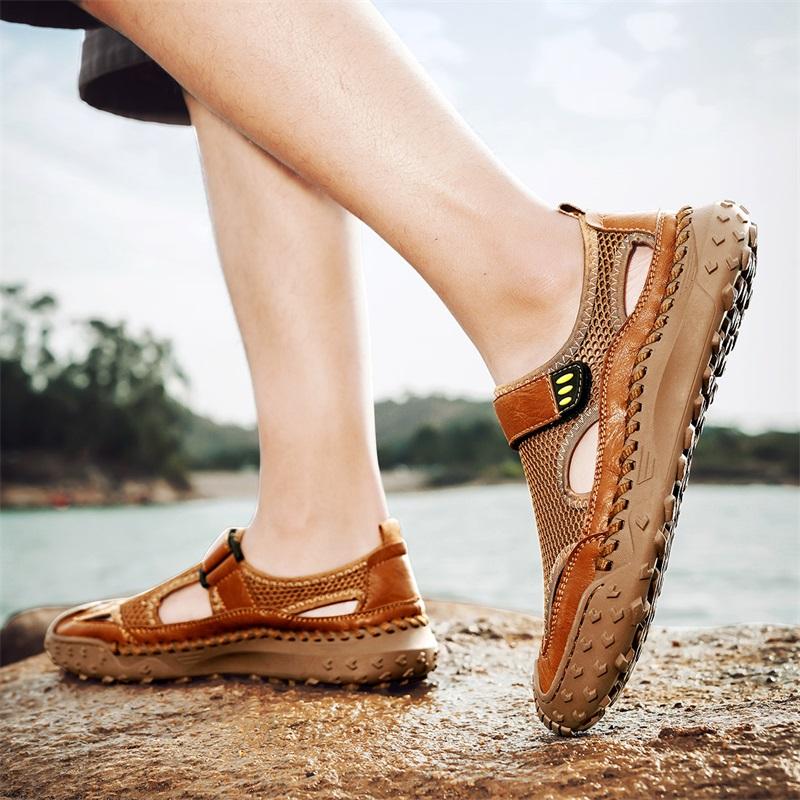 Sandale de vară respirabile pentru bărbați, sandale romane la modă, pantofi casual din plasă făcuți manual cu platformă, sandale de plajă de exterior pentru bărbați