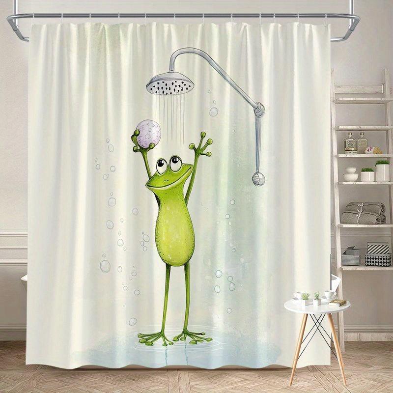 

Cute Frog Taking Shower Shower Curtain Waterproof Easy To Clean Privacy Protection Print Cartoon Animal Design Fun Kids 12 Hooks W60H190(CM)-1 Pcs