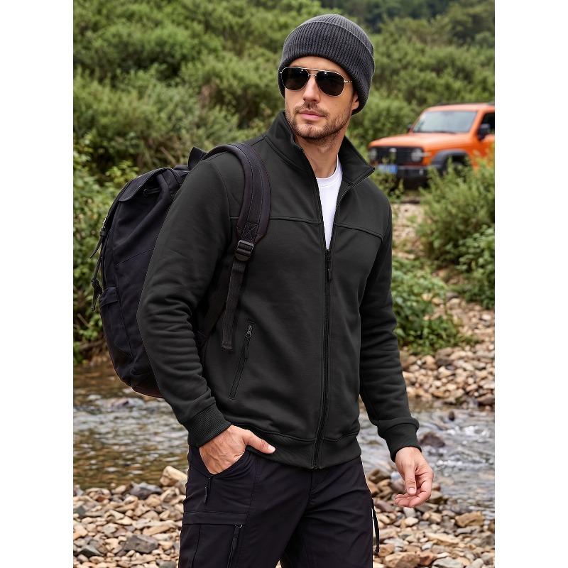 Men's Stand Collar Fleece Lined Zip Jacket Side Pockets Outdoor Casual Top.