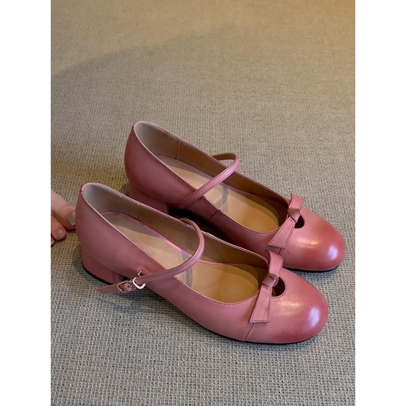 

Soft leather version~ Girly thick heel soft leather Mary Jane shoes women s 2025 new one-word buckle bow light mouth single shoes 35 розовый