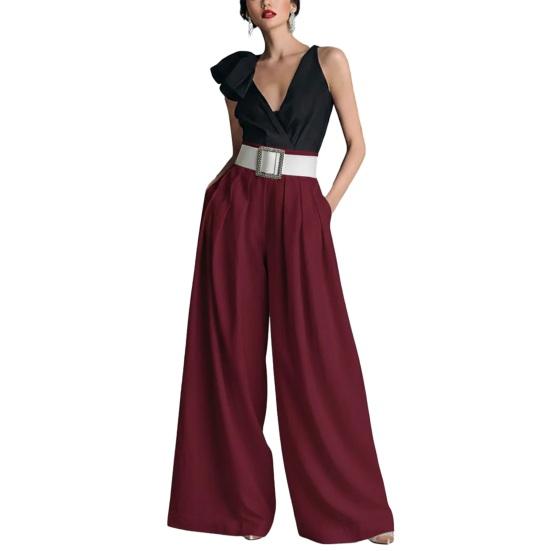 

Women Pants High Waist Pure Color Oversized Wide Leg Trousers with Belt Pockets Pure Color Loose Fit Business M вино красного