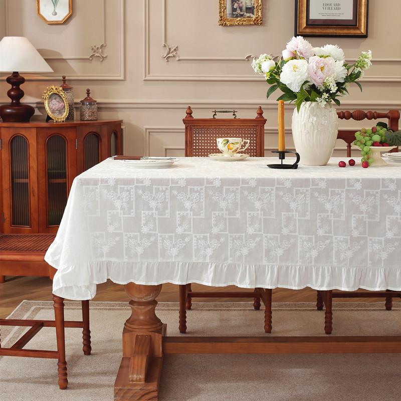 Cotton White Embroidered Flower Skirt Pleated Lotus Leaf Fungus Edge Small Fresh Coffee Table Tablecloth Dining Table Cloth 90*90cm