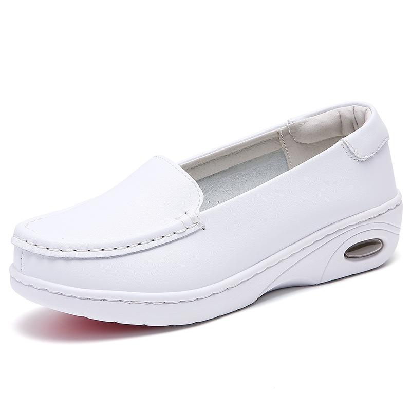 Thick-soled nurse shoes women's leather wedge heel air cushion soft sole non-slip, breathable and not tired feet flat-soled heightening comfortable