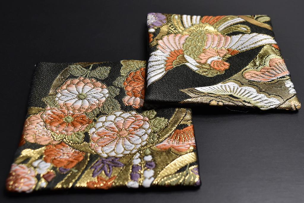 Perfect As a and Ready To Set of 5 Gold Brocade Japanese Kimono Coasters Gift! Pre-wrapped, Boxed, Give. (Asuka)