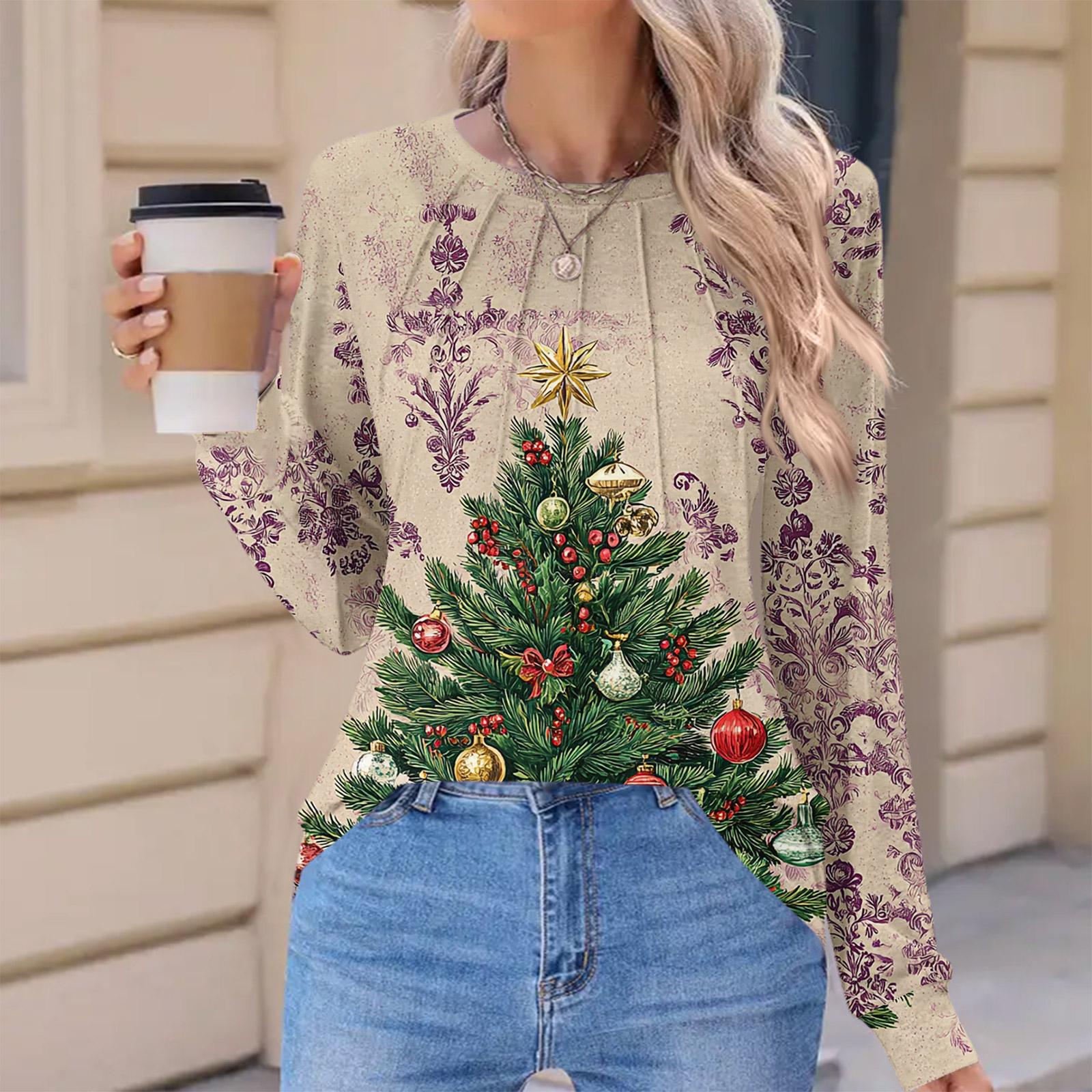 

Women s Fashionable Casual Christmas Printed Pleated Comfortable Round Neck Loose Long Sleeve T-Shirt Top S