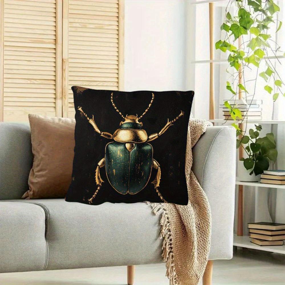 Funda de Cojín Decorativa de Lujo Color Verde Escarabajo y Dorado con Estampado de Insectos, Doble Cara, para Cama y Sofá