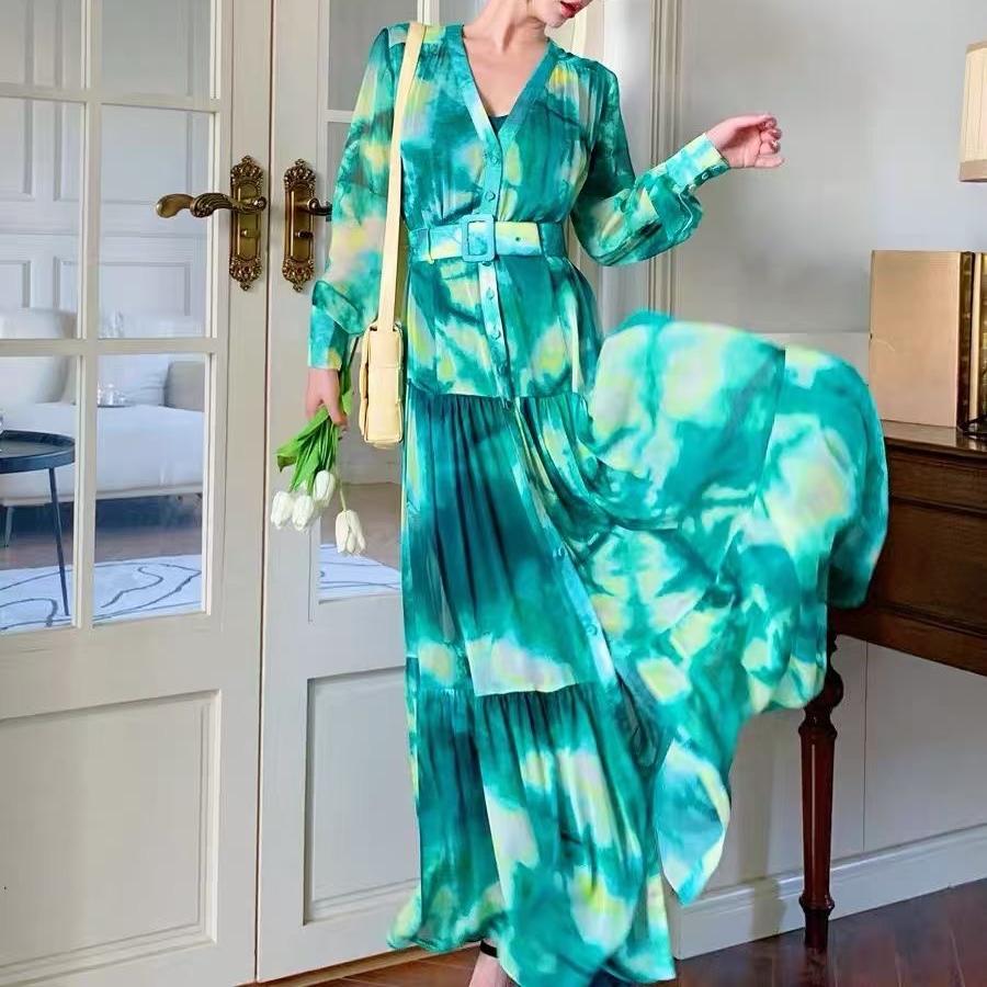Women French Fashion Single Breasted V Neck Long Dress With Belt Summer Autumn Elegant Print A-line Robe Female Holiday Clothes