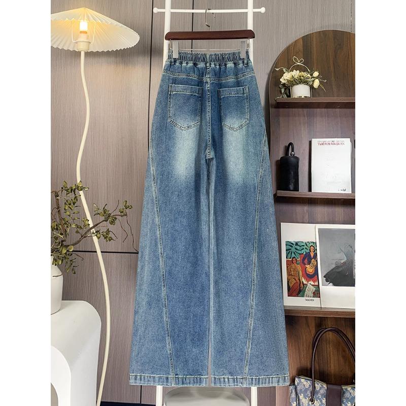 Dimanaf 2025 Plus Size Autumn Blue Basic Elastic Jeans Women Loose Denim Wide-leg Pants Big Casual Pants 6XL