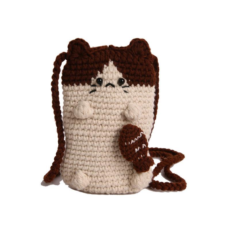 Cat Cartoon Handwoven Woolen Mobile Phone Bag With Shoulder Strap For Casual Daily Use