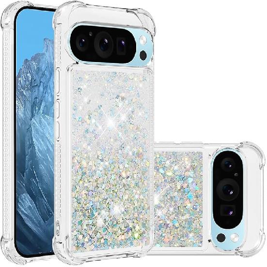 Case for Google Pixel 9/Google Pixel 9 Pro, Glitter TPU Cover Clear Flowing Quicksand with Anti-Fall Bumper Corner Shockproof Girly Case for Google