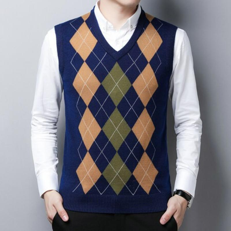 Wollweste mit V-Ausschnitt, Ärmellose Strickweste mit Rautenmuster, Pullover, Herrenweste, Gentleman-Stil, Business-Gentleman