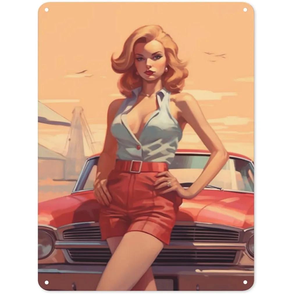 

Pinup Car Girls Metal Tin Signs Plaque Wall Decoration Vintage Art Posters Iron Painting for Man Cave Home Cafe Garden Club B 20x30cm