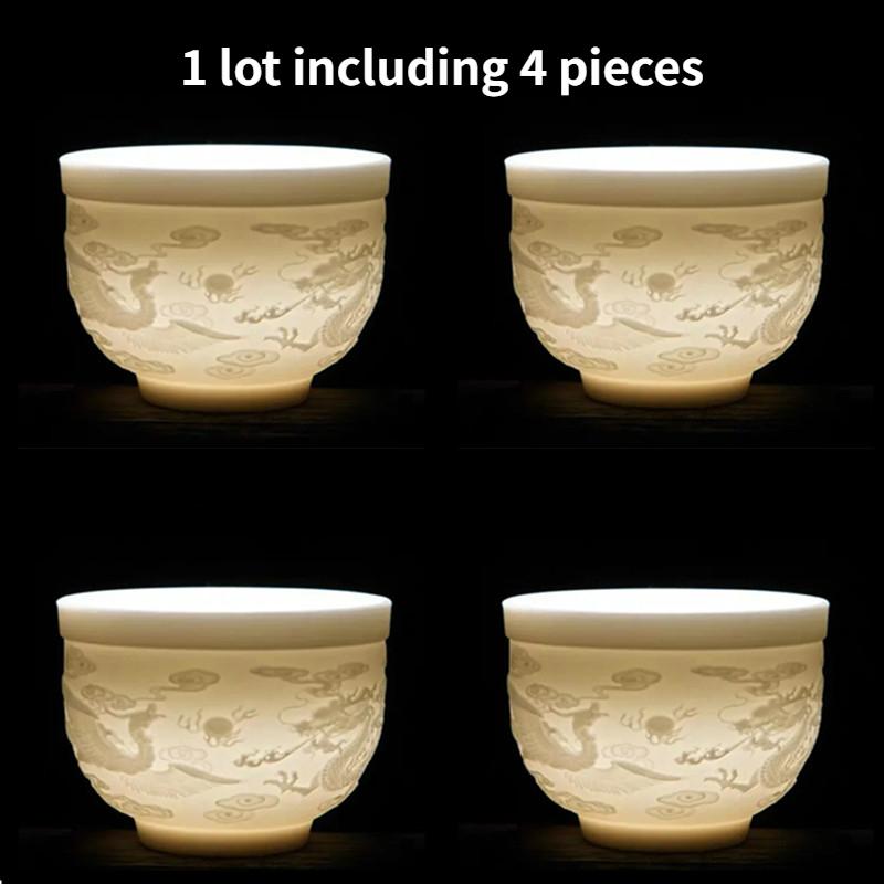 Mutton Jade Porcelain Tea Cup, Chinese Teacup, Embossed Dragon and Phoenix Ceramic, Small Wine Cups, Household, Delicate 75ml
