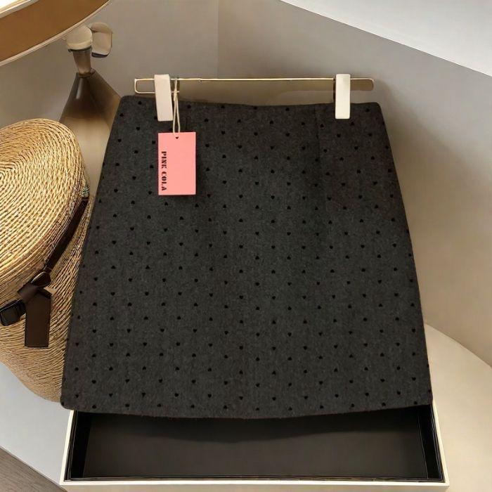 Dark Gray Polka Dot Wool A-Line Skirt - Petite Slim High-Waisted, perfect for Autumn and Winter S