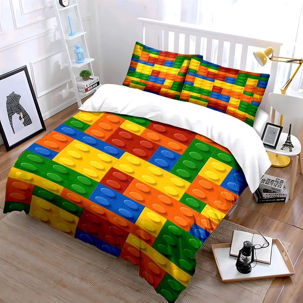 Juego de Cama con Patrón de Bloques de Construcción Juego de Cama (1 funda nórdica, 2 fundas de almohada, edredón no incluido)
