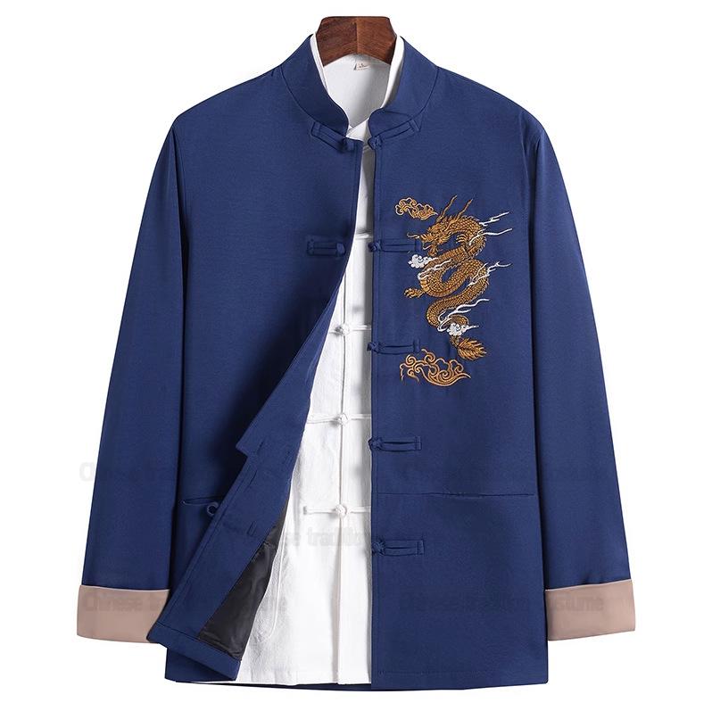 Chinese Style Hanfu Tang Clothes Men Balck Jackets Cotton Embroider Dragon Kong Fu Costume Traditional China Clothing Plus Size