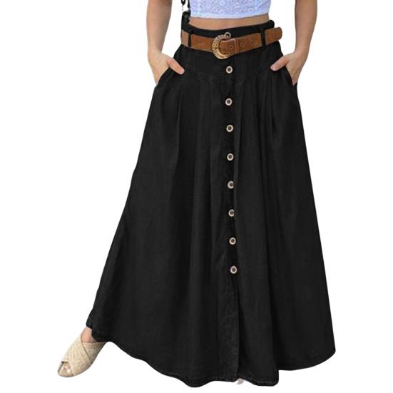 Women Skirt Solid Color High Waist All Match Button Decor A-line Summer Maxi