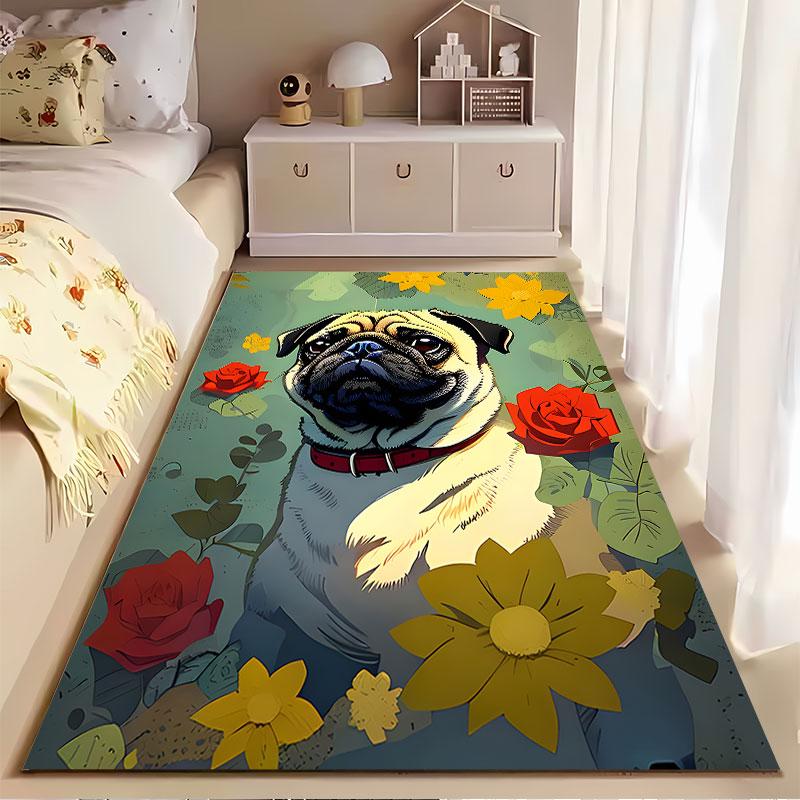 Pug Dog with Colorful Flowers suitable as a non-slip mat for the living room or bedroom sofa