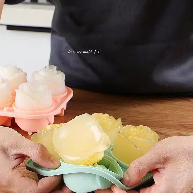 3D Rose Ice Molds 4 Holes Ice Cube Tray Mold Flower Shape Silicone Ice Mold Ice Ball Maker Kitchen Bar Utensils Tool Accessories
