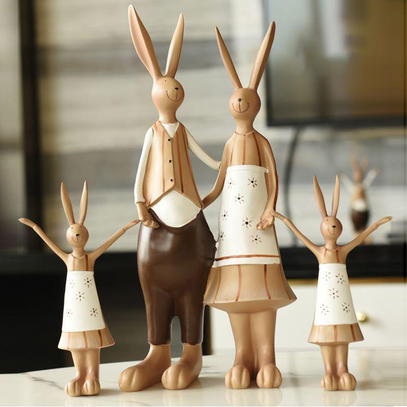 Healing Resin Rabbit Family Figurines Accessories Home Livingroom Table Sculpture Ornaments Store Office Desk Statue Decoration