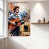 Vintage Metal Tin Sign, Watercolor Man Playing Acoustic Guitar with Retro Couch & Chair, Rusty Border, Wall Art for Home Bar Man