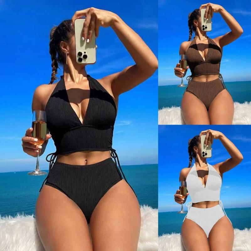 New European and American Swimsuit Special Fabric Solid Color Neck Women's Split Bikini Swimsuit