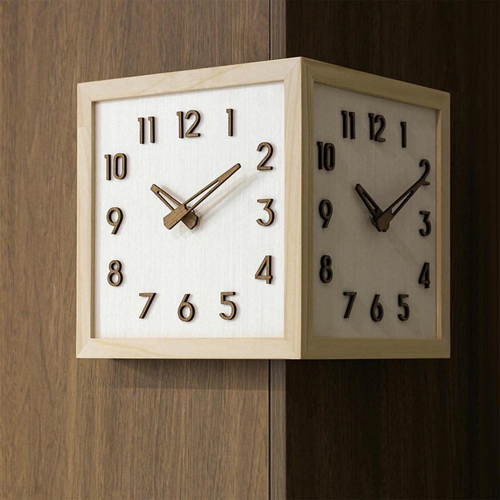 Sided Corner Wall Clock Decorative 9x9inch Solid Wood for Hallway, Bar Multifunctional Stylish