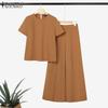 ZANZEA Women Short Sleeve Blouse and Wide Leg Pants Casual Two Piece Sets