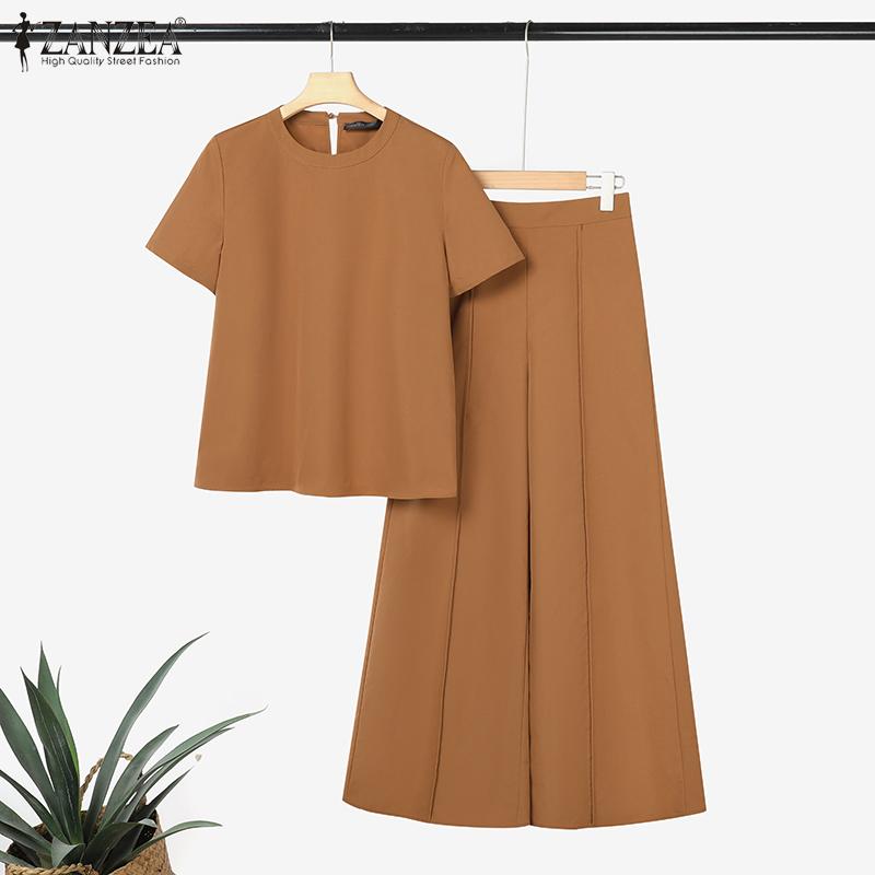 ZANZEA Women Short Sleeve Blouse and Wide Leg Pants Casual Two Piece Sets