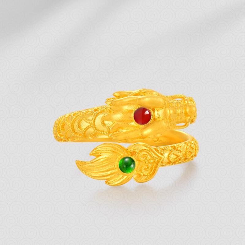 Gold-Plated Brass Dragon And Phoenix Ring Ring Flying Dragon In The Sky Couple'S Open Ring Adjustable Party Jewelry Gifts
