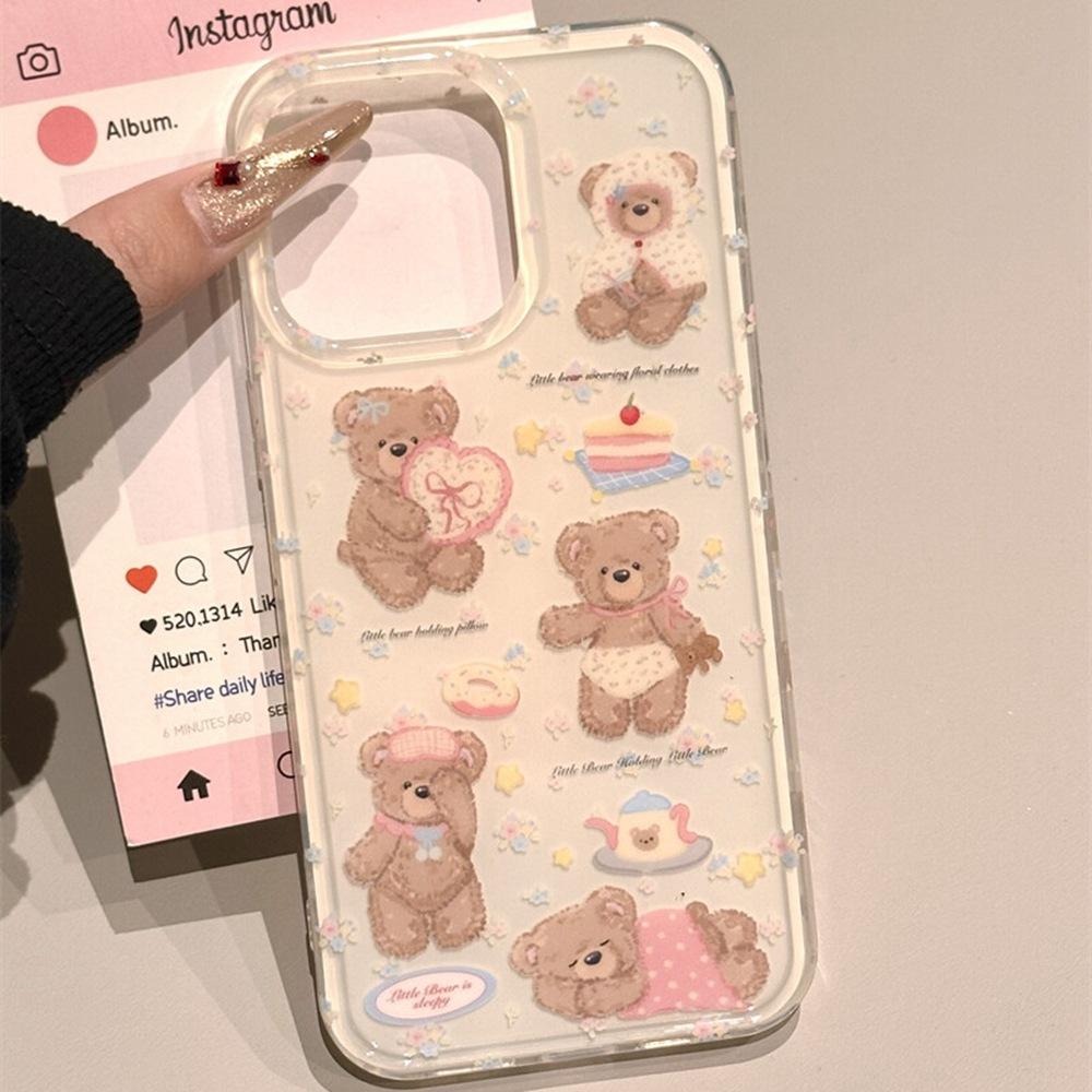 Korean High-end Floral Five Plush Brown Bear Stand for Apple 17 Phone Case for IPhone 16 Promax