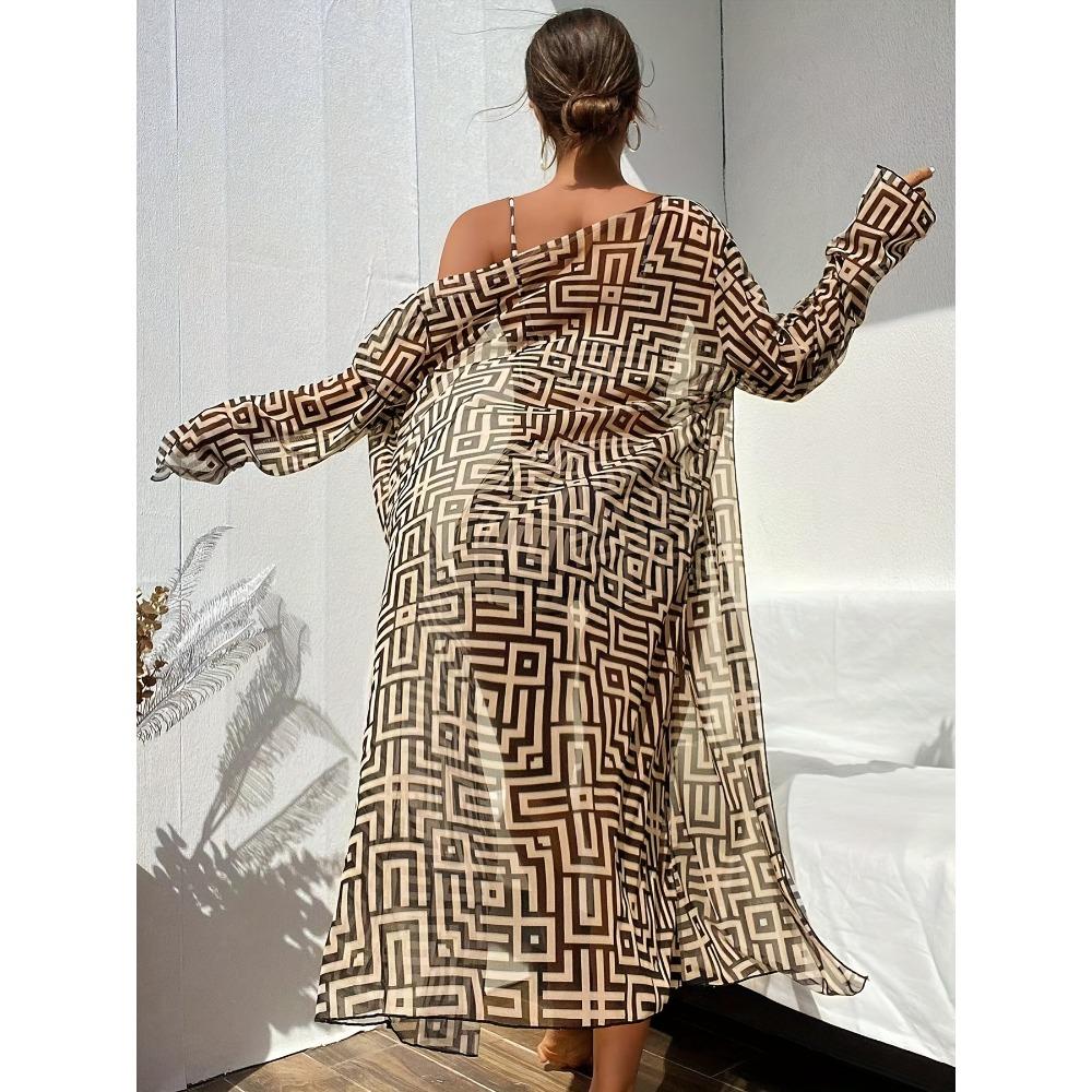 Women's Geometric Print Three-Piece Swimsuit Set with Long Sleeve Beach Cover-Up, Polyester Knit Fabric with Elastane, Medium Stretch, Chic Bikini Set