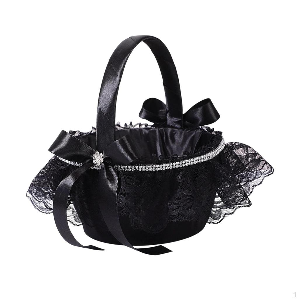 Bröllopsblomsterflickekorg Svart Tyg och Spets Lättviktig Brudaccessoar Förvaring Elegant