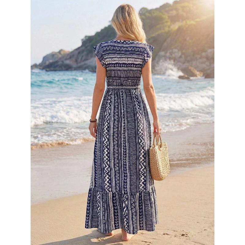 Women's 2026 Summer New Printed Dress for Beach Vacation, Vintage Satin Long Skirt