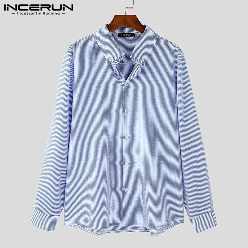 INCERUN Men Lapel Long Sleeve Striped Print Shirts Semi-Sheer Texture Tops