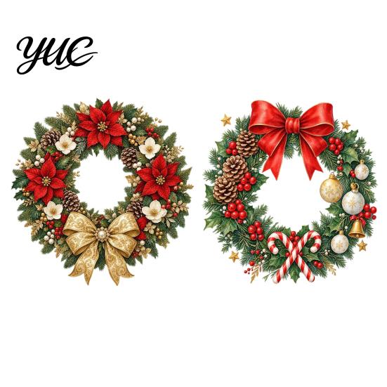 Creative Holiday Gifts Christmas Wreath Window Decals, Removable Stickers with Pine Cone Decorative PVC Wall Bow Berry Poinsettia, Waterproof