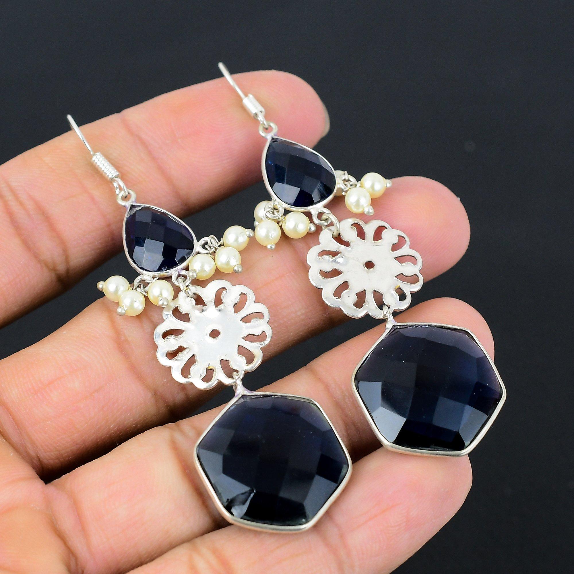 

Natural London Blue Topaz 925 Silver Wedding Dangle Drop Mother Earrings Jewelry